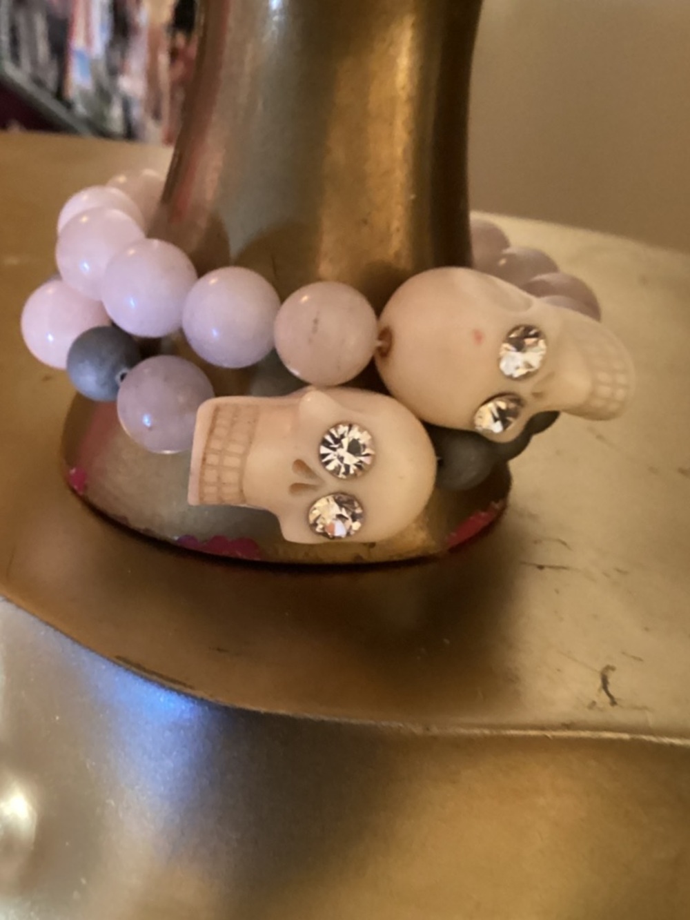 Vintage JUICY Pink Beaded Skull Stretch Bracelet - Feminine Skull Charm Jewelry